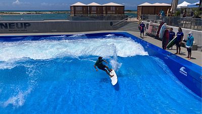 Ikaika Kaulukukui surfs in a wave pool in Ewa Beach, Hawaii, on Tuesday, May 9, 2023.