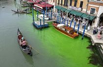 A gondola navigates along Venice's historical Grand Canal as a patch of phosphorescent green liquid spreads in it, Sunday, May 28, 2023