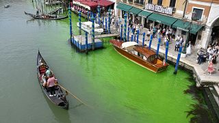 A gondola navigates along Venice's historical Grand Canal as a patch of phosphorescent green liquid spreads in it, Sunday, May 28, 2023