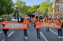 Activists and supporters of the group 'Letzte Generation' Last Generation demonstrate in Stuttgart, Friday May 26, 2023.