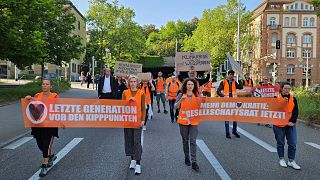 Activists and supporters of the group 'Letzte Generation' Last Generation demonstrate in Stuttgart, Friday May 26, 2023.