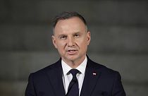 Polish President Andrzej Duda delivers his speech during the Flame of Peace handover ceremony for the European Games Kraków-Małopolska 2023 in Rome Monday, April 3, 2023