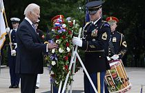 President Joe Biden lays a wreath at The Tomb of the Unknown Soldier at Arlington National Cemetery in Arlington, Va., on Memorial Day, May 29, 2023.