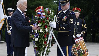 President Joe Biden lays a wreath at The Tomb of the Unknown Soldier at Arlington National Cemetery in Arlington, Va., on Memorial Day, May 29, 2023.