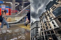 A commuter steps through floodwater in a metro station in Madrid, Spain, 29 May 2023 (left).