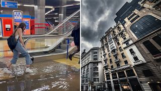 A commuter steps through floodwater in a metro station in Madrid, Spain, 29 May 2023 (left).