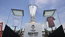 The UEFA Europa League Trophy is displayed in the Fan Zone at Heroes Square in Budapest, Hungary, Tuesday, May 30, 2023 
