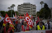 French union members protest against the pension reform during the 76th edition of the Cannes Film Festival in Cannes, Sunday, May 21, 2023.