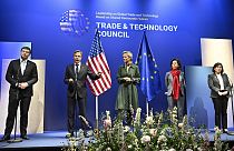 A press conference takes place in connection with the Trade & Technology Council (TTC) meeting between Europe & the United States, in Lulea, Sweden, Wednesday, May 31, 2023. 
