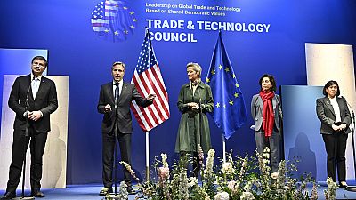 A press conference takes place in connection with the Trade & Technology Council (TTC) meeting between Europe & the United States, in Lulea, Sweden, Wednesday, May 31, 2023. 