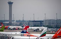 Planes are parked on the tarmac at Paris Charles de Gaulle airport, in Roissy, near Paris.