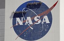 The NASA logo near the top of the Vehicle Assembly Building at the Kennedy Space Center