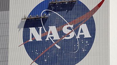 The NASA logo near the top of the Vehicle Assembly Building at the Kennedy Space Center 