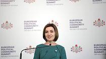 La presidenta de Moldavia, Maia Sandu, en una rueda de prensa en el Castillo Mimi en Bulboaca, Moldavia