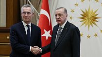 На фотографии, сделанной 16 февраля 2023 года, президент Турции Эрдоган пожимает руку генеральному секретарю НАТО Столтенбергу