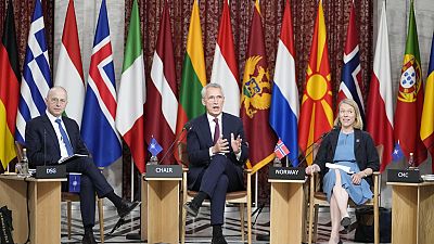 NATO Secretary General Jens Stoltenberg, center, speaks during a meeting of NATO foreign ministers in Oslo, Norway, June 1, 2023