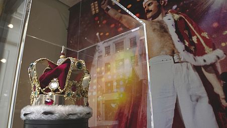 A replica of St. Edward's Crown, worn by Freddie Mercury in his final concert with Queen in 1986, is displayed at the Sotheby's exhibition in London.