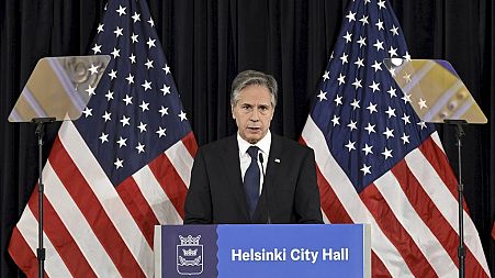 Antony Blinken speaking in Finland's capital Helsinki.