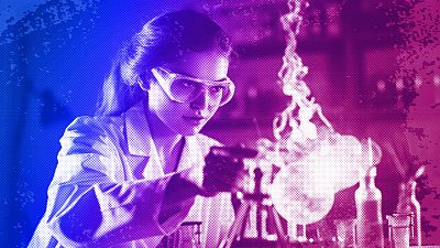 An illustration of a woman scientist working on an experiment in a laboratory
