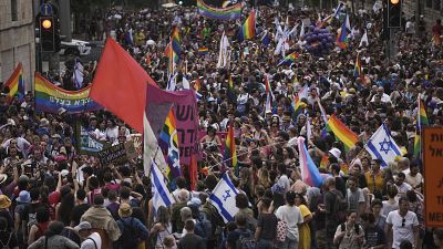 Thousands of participants march in the annual Pride parade in Jerusalem, Thursday, June 1, 2023