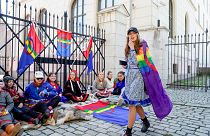 Young campaigners protesting wind farms block one of the entrances to The Prime Minister's Office in Oslo, Norway.