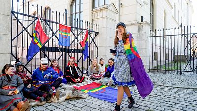 Young campaigners protesting wind farms block one of the entrances to The Prime Minister's Office in Oslo, Norway.