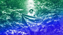 An illustration of a man carrying the European flag through a forest