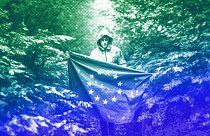 An illustration of a man carrying the European flag through a forest
