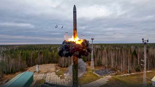 A Yars intercontinental ballistic missile is test-fired as part of Russia's nuclear drills from a launch site in Plesetsk, northwestern Russia.