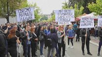 Serbian protestors demand the removal of an ethnic Albanian mayor, Zvecan,  Kosovo, June 2, 2023