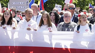 Participants join an anti-government march led by Donald Tusk and Lech Walesa, who along with other accuse the government of eroding democracy. 4 June 2023