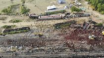 Vue aérienne de l'endroit où est survenue la collision entre les trains près de Balasore (est de l'Inde), le 4 juin 2023. 
