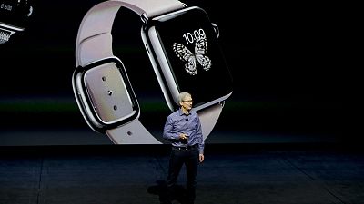Apple CEO Tim Cook discusses the Apple Watch at the Apple event at the Bill Graham Civic Auditorium in San Francisco, Wednesday, Sept. 9, 2015. 