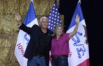 Former Vice President Mike Pence stands on stage with U.S. Sen. Joni Ernst, R-Iowa, during her Roast and Ride, Saturday, June 3, 2023, in Des Moines, Iowa.