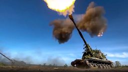 Photo taken from video by Russian Defense Ministry Press Service on Monday, 5 June 2023 shows a Russian self-propelled gun firing towards Ukrainian positions