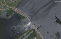 A MAXAR műholdfelvétele a Nova Kakhovka víztározó gátjáról 