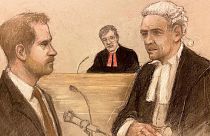 Prince Harry being cross examined by Andrew Green KC, as depicted by court artist Elizabeth Cook.