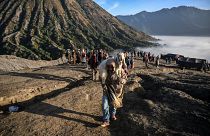 Members of the Tengger sub-ethnic group carries a goat for offering on the active Mount Bromo volcano as part of the Yadnya Kasada festival in Probolinggo, East Java.