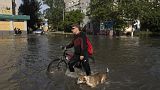 Residente de Kherson atravessa uma rua alagada com um cão pela trela