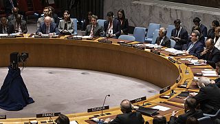 L'ambassadeur russe à l'ONU, Vassily Nebenzia, deuxième en partant du haut à gauche, s'exprime lors d'une réunion du Conseil de sécurité au siège de l'ONU, mardi 6 juin 2023.