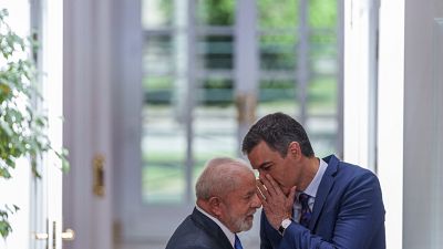 Spanish Prime Minister Pedro Sanchez, right, talks with Brazilian President Luis Inacio Lula da Silva at the Moncloa palace in Madrid, Spain, April 26, 2023.