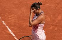 Aryna Sabalenka of Belarus reacts after missing a shot during the semifinal match of the French Open tennis tournament at the Roland Garros stadium in Paris, Thursday, June 8