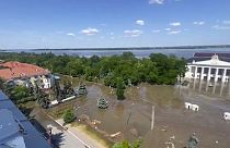 Der zentrale Platz in Nowa Kakowka in der von Russland kontrollierten Region Cherson, Ukraine