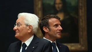 Presidents Mattarella (left) and Macron celebrate their countries links at a new Louvre exhibition, Paris. June 7, 2023 