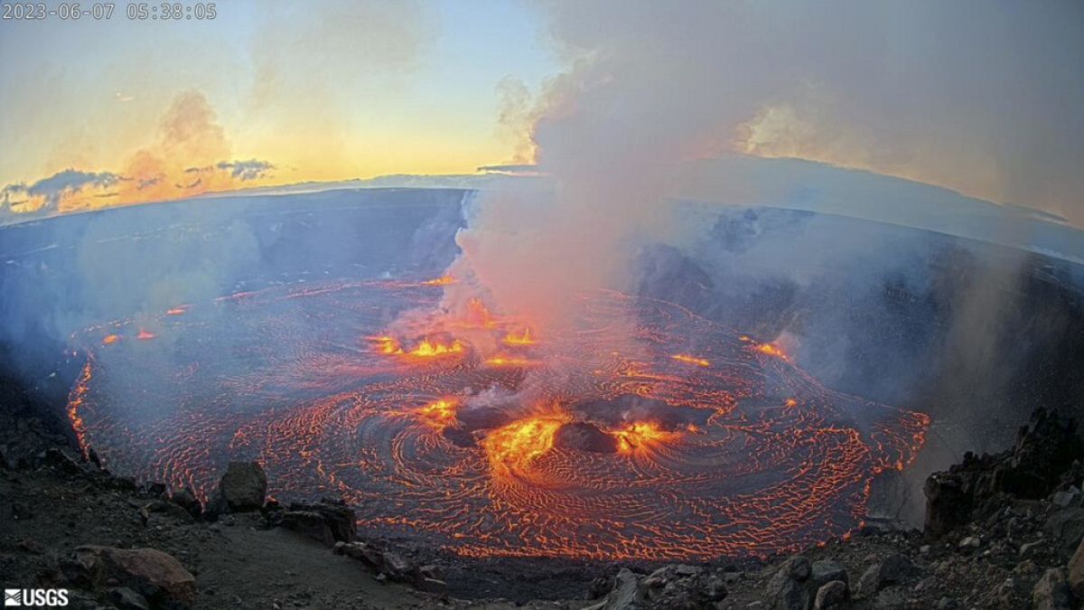 An eruption taking place on the summit of the Kilauea volcano in Hawaii. 