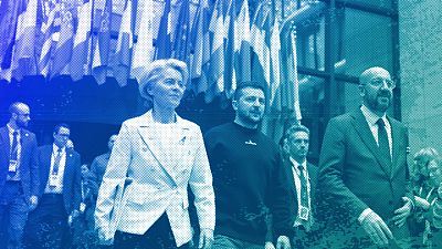 Ukraine's President Volodymyr Zelenskyy and EU leaders Ursula von der Leyen and Charles Michel in Brussels, 9 February 2023