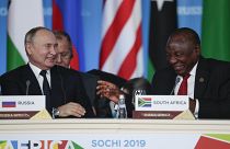 Vlagyimir Putyin orosz és Cyril Ramaphosa dél-afrikai elnök, 2019.
