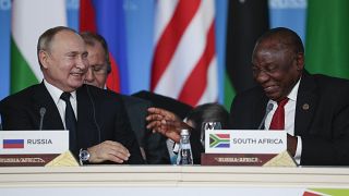 Vlagyimir Putyin orosz és Cyril Ramaphosa dél-afrikai elnök, 2019.