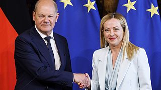 Prime Minister Giorgia Meloni meets the Chancellor of the Federal Republic of Germany Olaf Scholz in Rome Thursday, June 8, 2023.