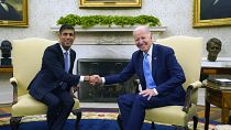 Britain's Prime Minister Rishi Sunak, left, and US President Joe Biden, right, shake hands during their bilateral meeting in the White House, Washington, Thursday, June 8, 202
